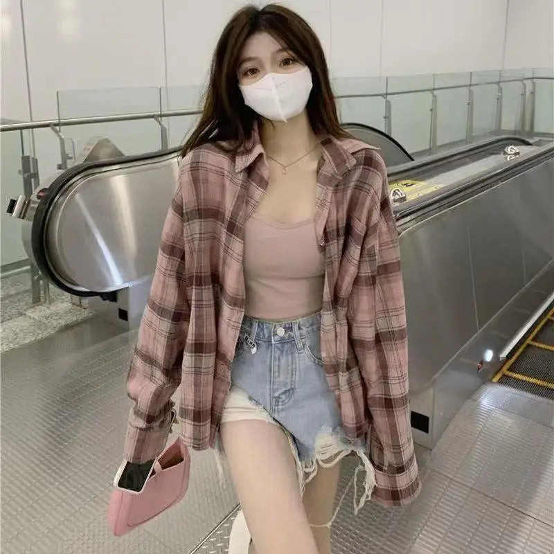 Slim Fit Plaid Long Sve irt Women's Spring Autumn Thin Sle  Collar Button down Casual Faion Outerwear