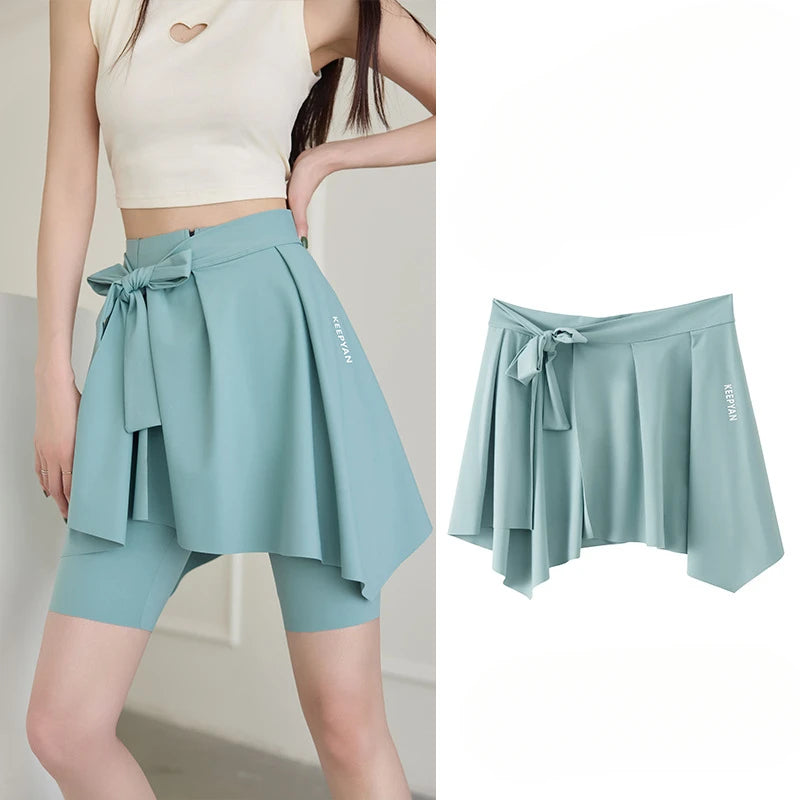 One-piece Skirt Women's Yoga Butt Curtain Sports Tennis Fitness Lace Up Irregular Mini Kirt Outer Wrap Skirts Prevent Exposure