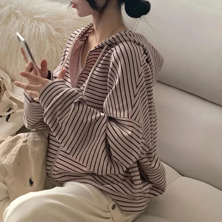 Spring 2025 Women's Chic Loose Casual Lazy Sle Striped Hooded Jaet with ket Open Cardigan Sweatirt Comfortable Fit
