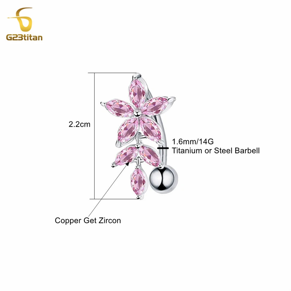 G23titan Pink Zircon Flower Belly Button Ring for Women 14G 6-16mm Titanium Curved Barbell Reverse Nave Bar Crystal Body Jewelry