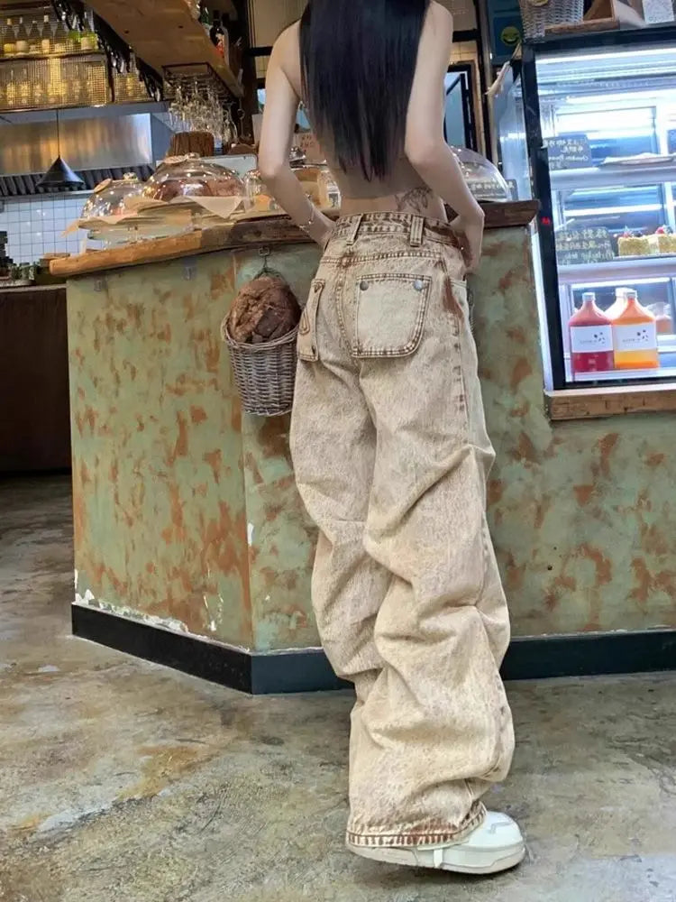 American Khaki Desert Fengshui Wash Jeans Retro Pleated Design Loose Fashion Street Hot Girl Casual High Waist Wide Leg Jeans