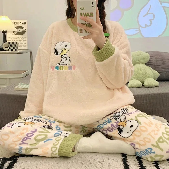 Transborder Flannel Pyjamas Women's Autumn Winter Round Neck Long Sleeve Cute Japanese Cartoon Student Warm Home Clothes Set