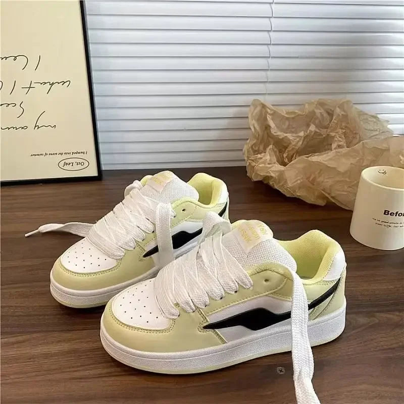 Spring New Women's Bread Shoe Pastel Yellow Color Block Student Casual Shoes Rubber Sole Comfortable Versatile Flat Footwear