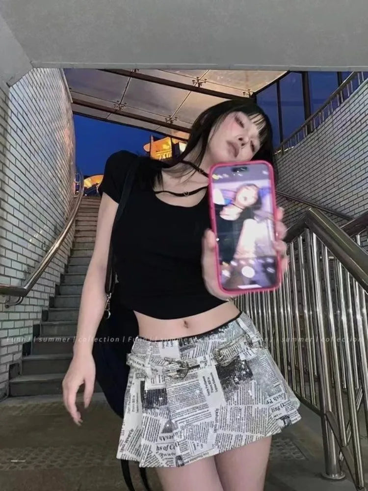 Newspaper Printed All-match Skirt for Women Y2k High Waist Ruched Faldas Mujer 2025 Early Autumn New A-line Skirts