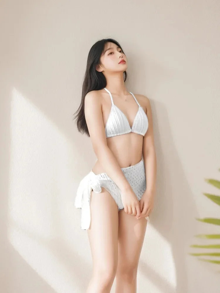 Sexy Bikini Swimsuit Women's New 2025 Three-piece Set Neck Hanging Net Skirt Hot Spring Vacation Swimwear Fashionable Chinese Br