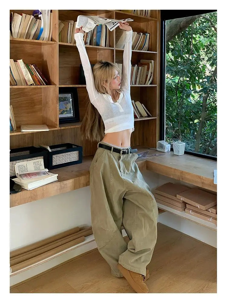 HOUZHOU Y2K Vintage Wash Women Cargo Jeans Harajuku Scimitar Wide Leg American Retro Denim Pants Baggy Trousers Gyaru Streetwear