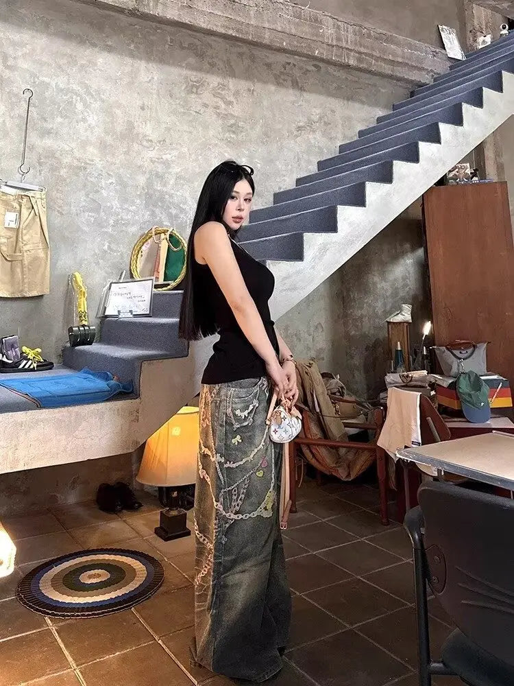 American candy chain pants hot girl digital printed jeans summer new fashionable straight floor trousers Korean style