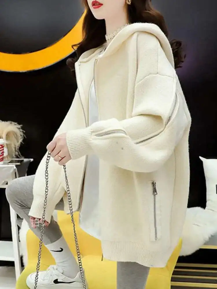 [EWQ] Big Size Long Sleeve Hooded Zipper Decorate Blue Knit Cardigan Women Thick Sweater Jacket 2024 Autumn New Fashion 16O2559