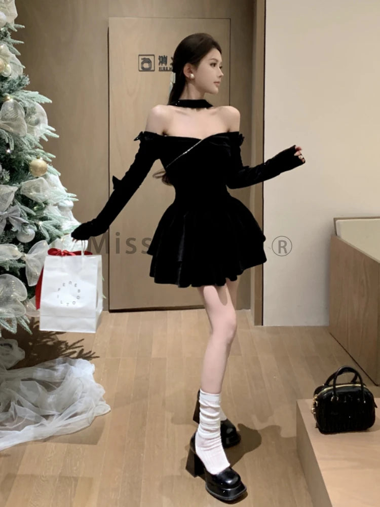Off Shoulder Black Velvet One Piece Dress Women French Elegant Long Sleeved Princess Dresses Fashion Puffy Birthday Short Dress