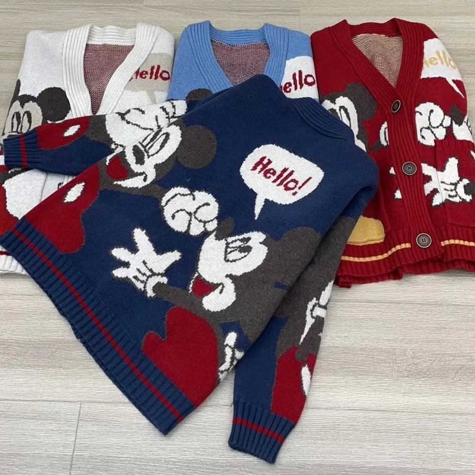 Disney Knitted Cardigan Japanese Donald Cartoon Sweaters for Women Coat Female Autumn and Winter Loose Wild Thicken Kawaii Tops