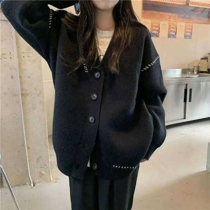 Autumn and Winter Lazy Style V-neck Knitted Sweater Cardigan Women Korean Version Loose Casual All-match Sweater Cardigan Coat