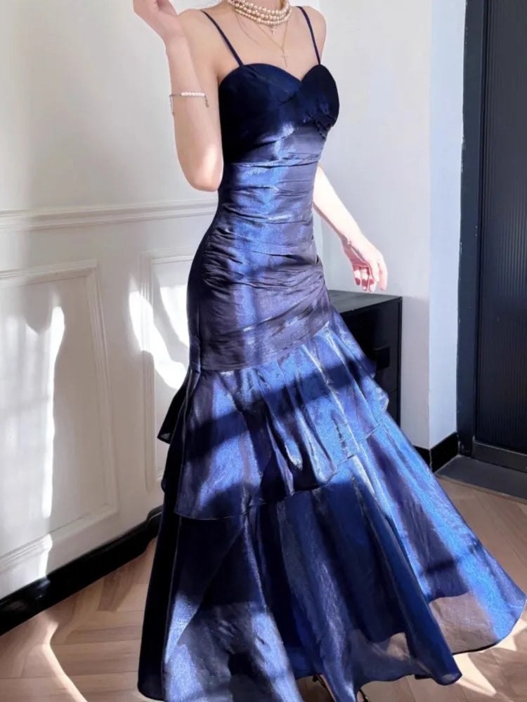 Elegant Romantic Party Women's Spaghetti Strap Dress Female Blue Ruffles Slim Fit Mermaid Dresses Chic Banquet Formal Gown