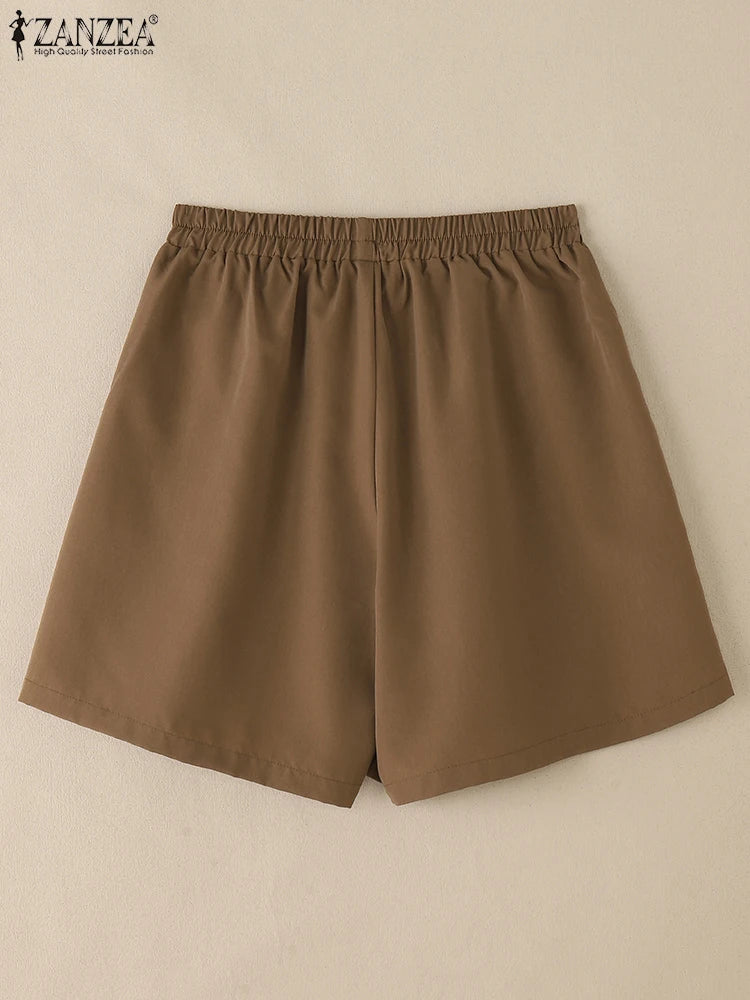 2025 ZANZEA Summer Shorts Women Fashion Casual Elastic Waist Trousers Vintage Holiday Beach Pant Solid Loose Pantalon Plus Size