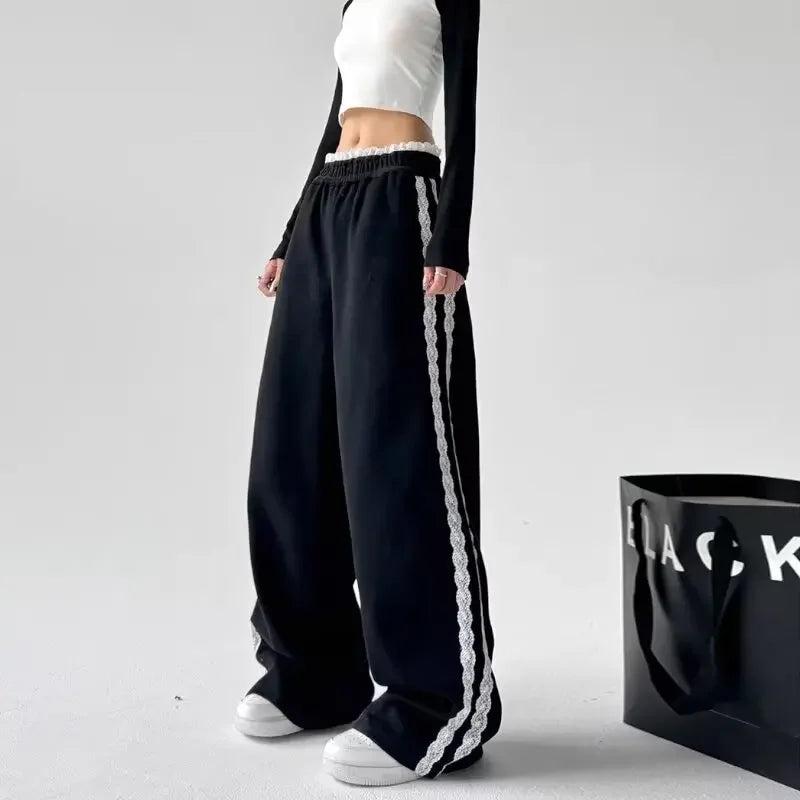 Trendy Casual Wide Leg Pants Women's Autumn Winter High Waist Splicing Lace Trim Drapey Slimming Sporty Trousers