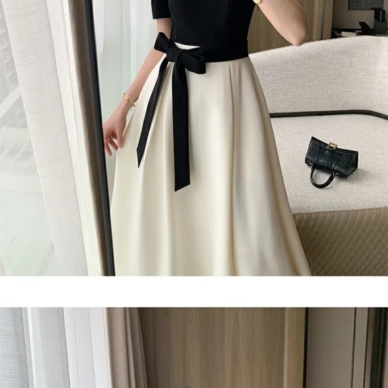 Elegant High-waisted Slimming Black Square Collar Long Dress 2024 New Style Vintage French Fashion For Women