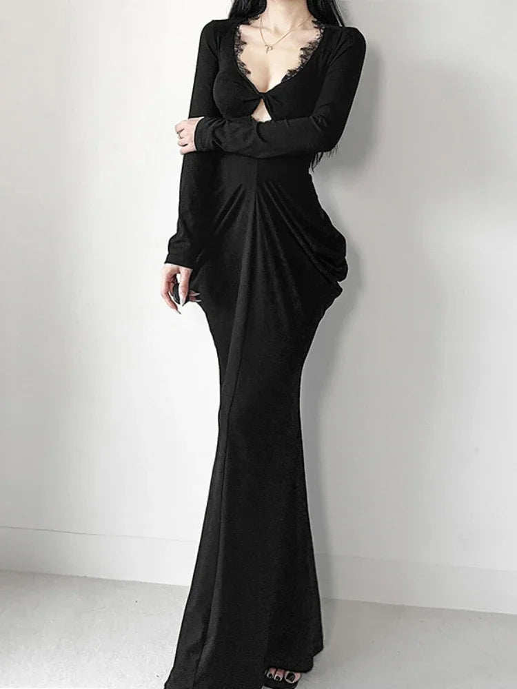 AltGoth Fairycore Grunge Elegant Midi Dress Women Mall Gothic Sexy Lace Patchwork Hollow Out Long Sleeve High Waist Corset Dress