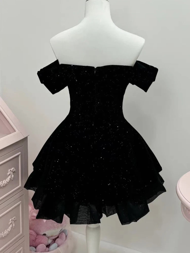 French Black Vintage One Piece Dress Woman Gothic Off Shoulder Bow Short Dresses Female Fairy Birthday Party Chic Outfit 2025