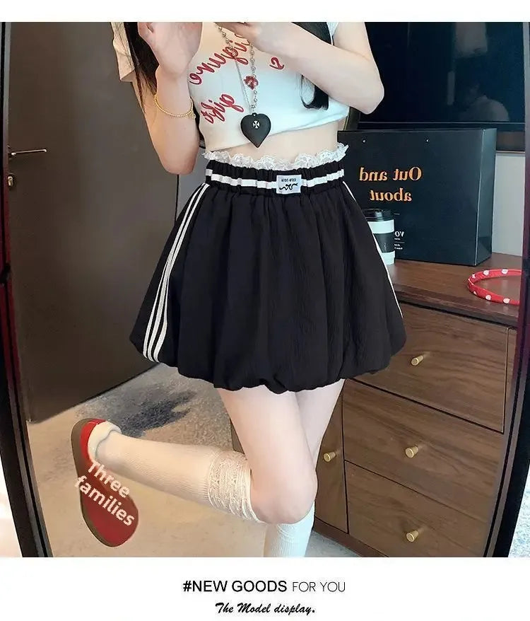 American Style Spliced Lace Stripe High Waist Half Skirt Women Summer Anti Exposure Flower Bud Puffy Short Skirt Polyester Fiber