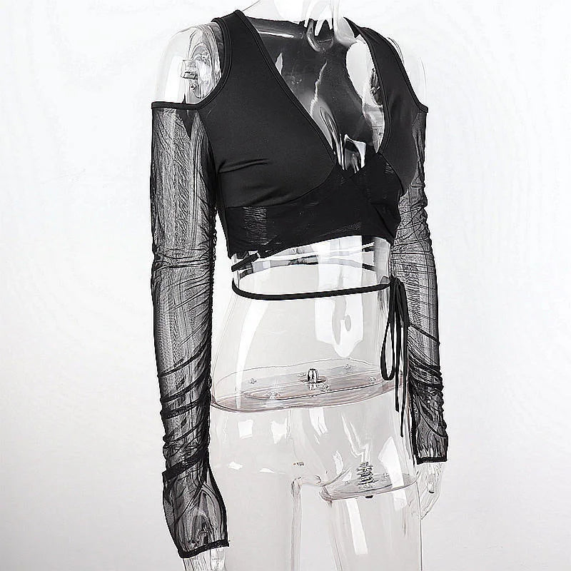 Sexy Black Crop Tops Streetwear Women Fashion 2024 Lace Up Bandage V Neck Cut Out Long Sleeve T Shirts