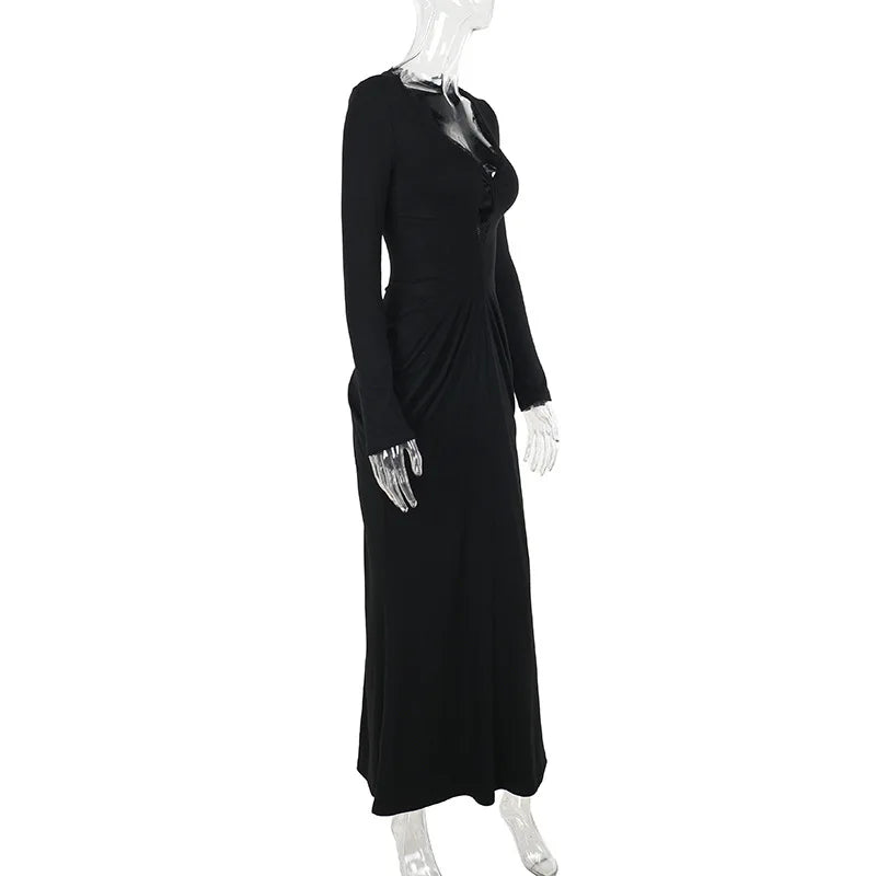 AltGoth Fairycore Grunge Elegant Midi Dress Women Mall Gothic Sexy Lace Patchwork Hollow Out Long Sleeve High Waist Corset Dress
