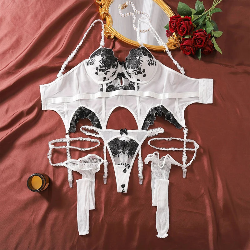 CHILLGIO Women Bodysuit Tops Embroidery Flowers Sexy Set Lingerie Sexy Thong Stockings Porn Fancy Sweet Underwear Bra Brief Suit
