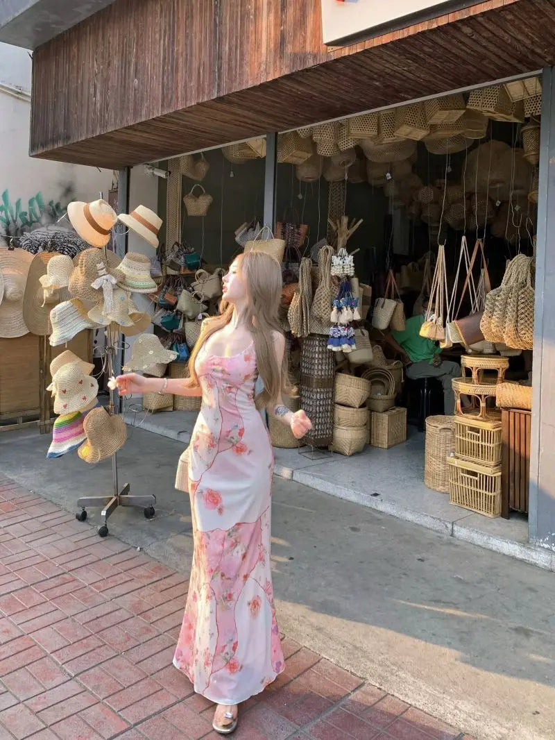 Summer Floral  Boho Dress Women Sleeveless Slim Fit Party Midi Dress  Mesh Patchwork Long Bodycon Elegant Beach Holiday Dress