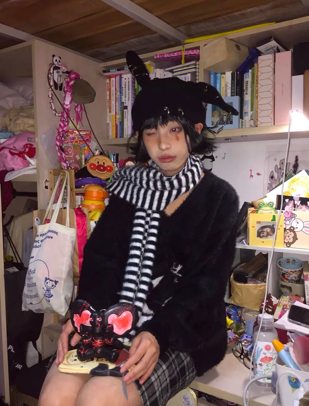 Karrram Gothic Skulls Sweater Grunge Dark Aesthetics Knitted Jumper V-neck Harajuku Loose Mohair Pullover Emo Alt Knitwear Y2k