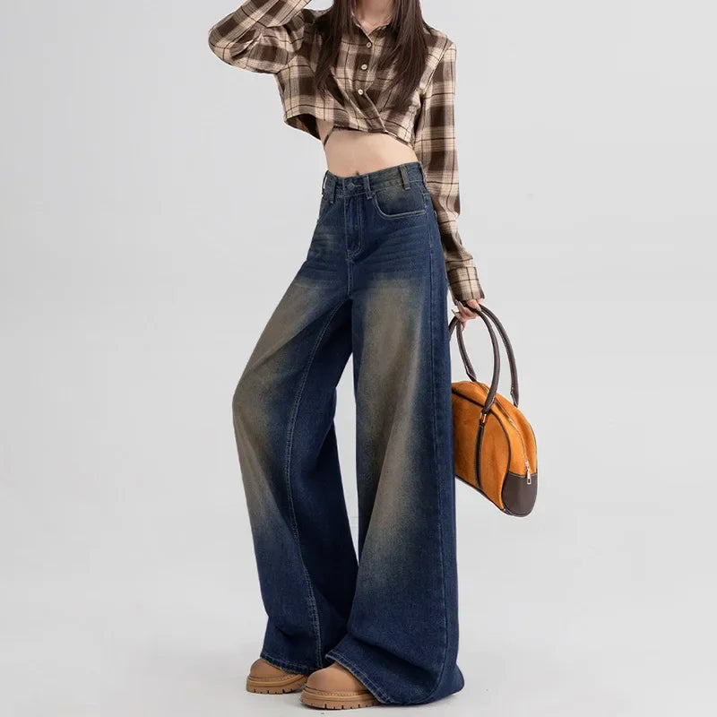 Slimming Wide Leg Straight Leg Jeans Women's Spring Autumn Winter New Style Washed Korean Version Commute Floor-Length Denim Pan