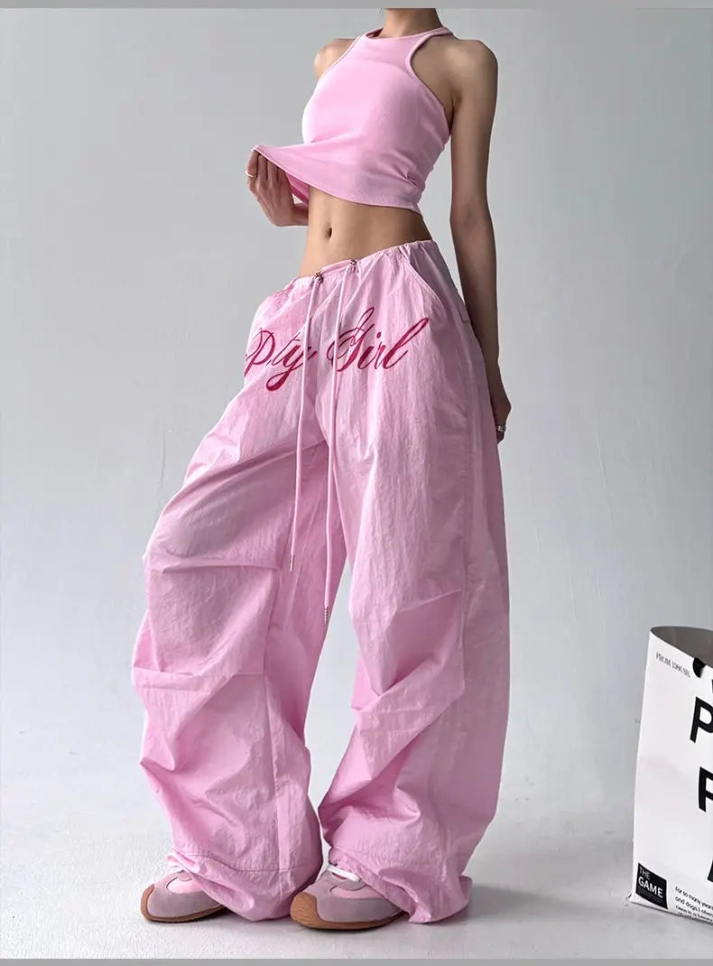 American retro black printed Spice Girls Street Dance Scimitar Pants Women's Loose Design Splicing Summer New Wide Leg Pants