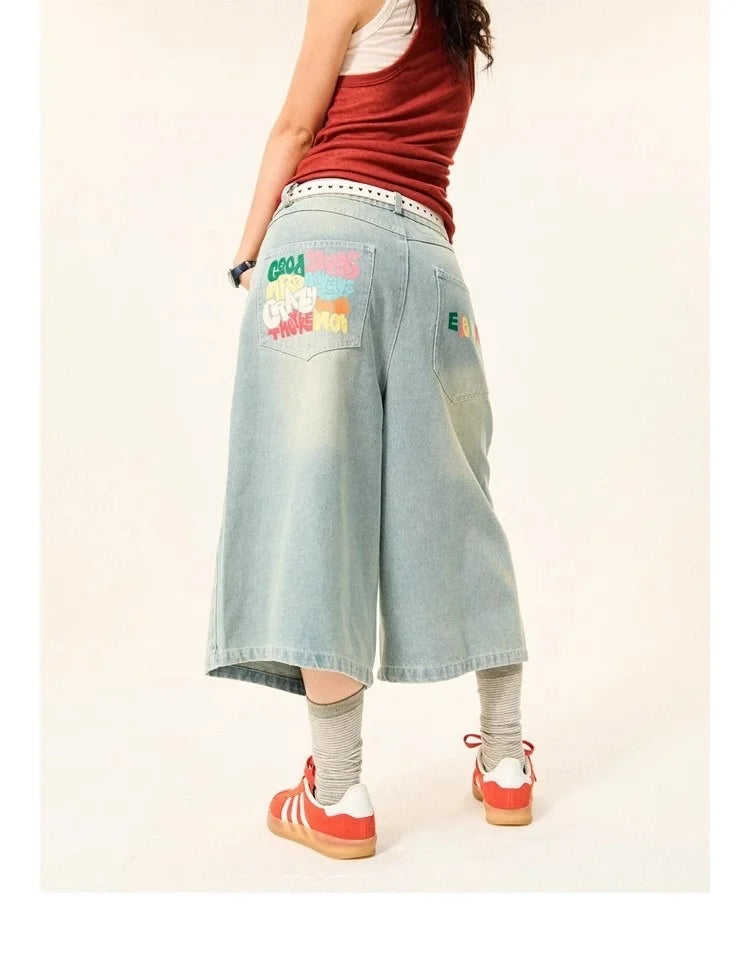 Summer High Street Letter Printing Washing Denim Shorts Men and Women American Retro Casual Loose Straight Cropped Pants Trendy