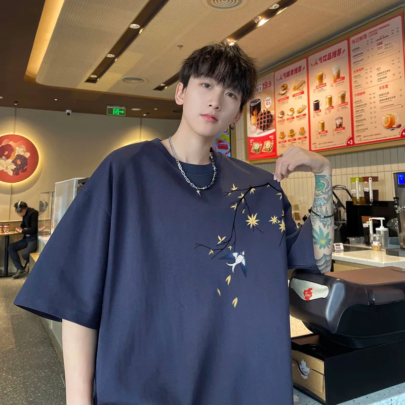 Men's Oversized T-shirts Mens Cotton T Shirt White Casual 5XL Summer Wear Fashion Bird Print Tee Shirts for Men Clothing