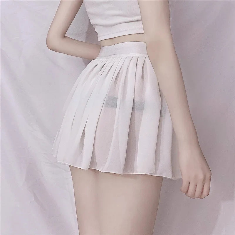 FREEAUCE Elastic See Through A-Line Pleated Mini Skirts Solid Black Sexy Long High Waisted White Lace Short Skirt for Women