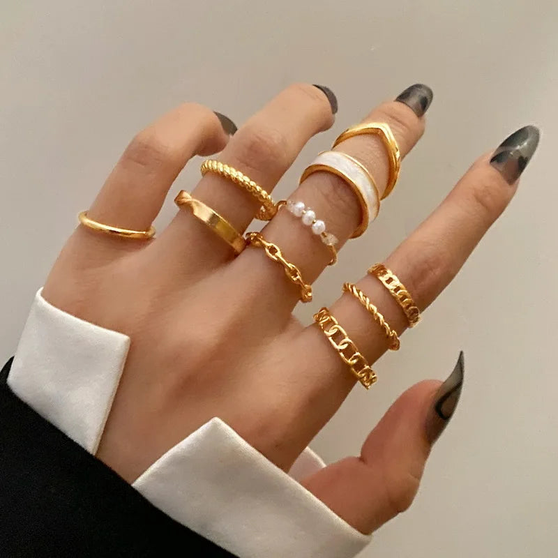 Vintage Shiny Zircon Butterfly Heart Ring Set Gold Color Boho Elegant Eyes Moon Geometric Rings Women Party Jewelry