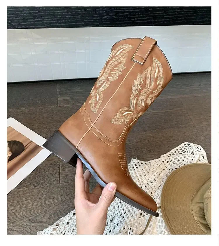 Fall Women Mid-calf Boots 2025 Vintage Leather-covered Brown Western Cowboy Boots Embroidered Chunky Heel Thigh-high Knight Boot