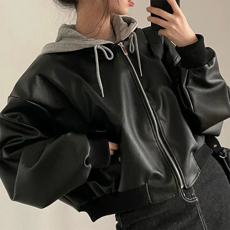 Fashion Hooded Loose Leather Jackets Women Fashion Faux Leather Coats Spring Autumn Korean PU Jackets