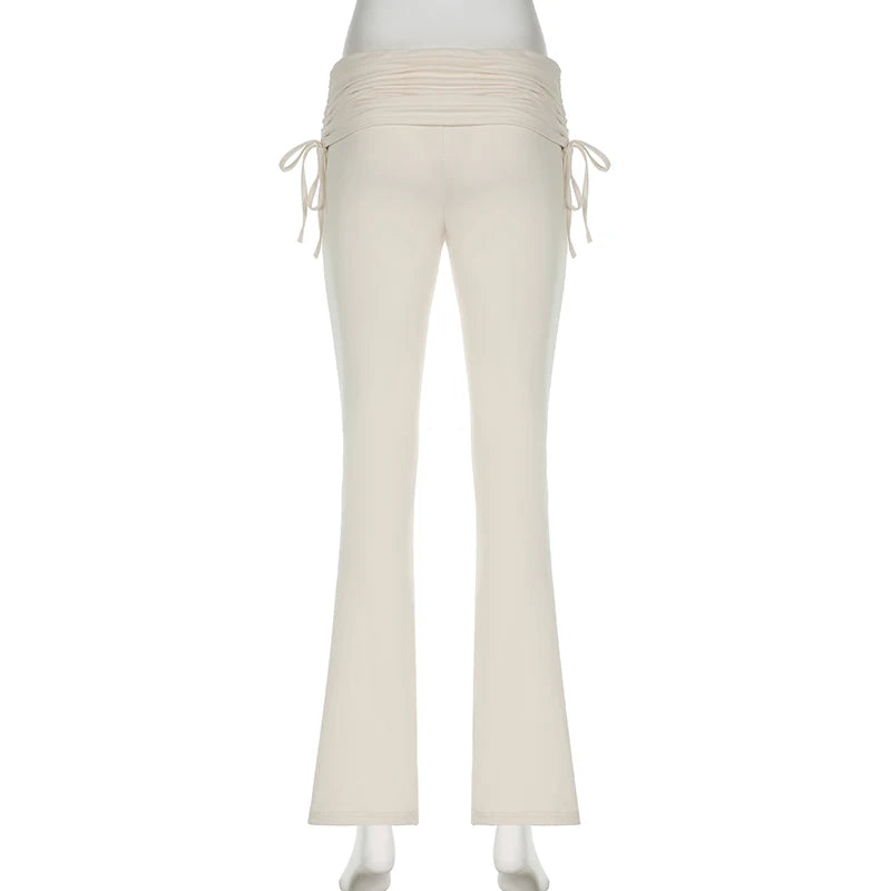 IAMSURE Casual Solid Drawstring Patchwork Pants Slim Low-Waisted Flare Pants Women 2024 Spring Summer Fashion Ladies Streetwear