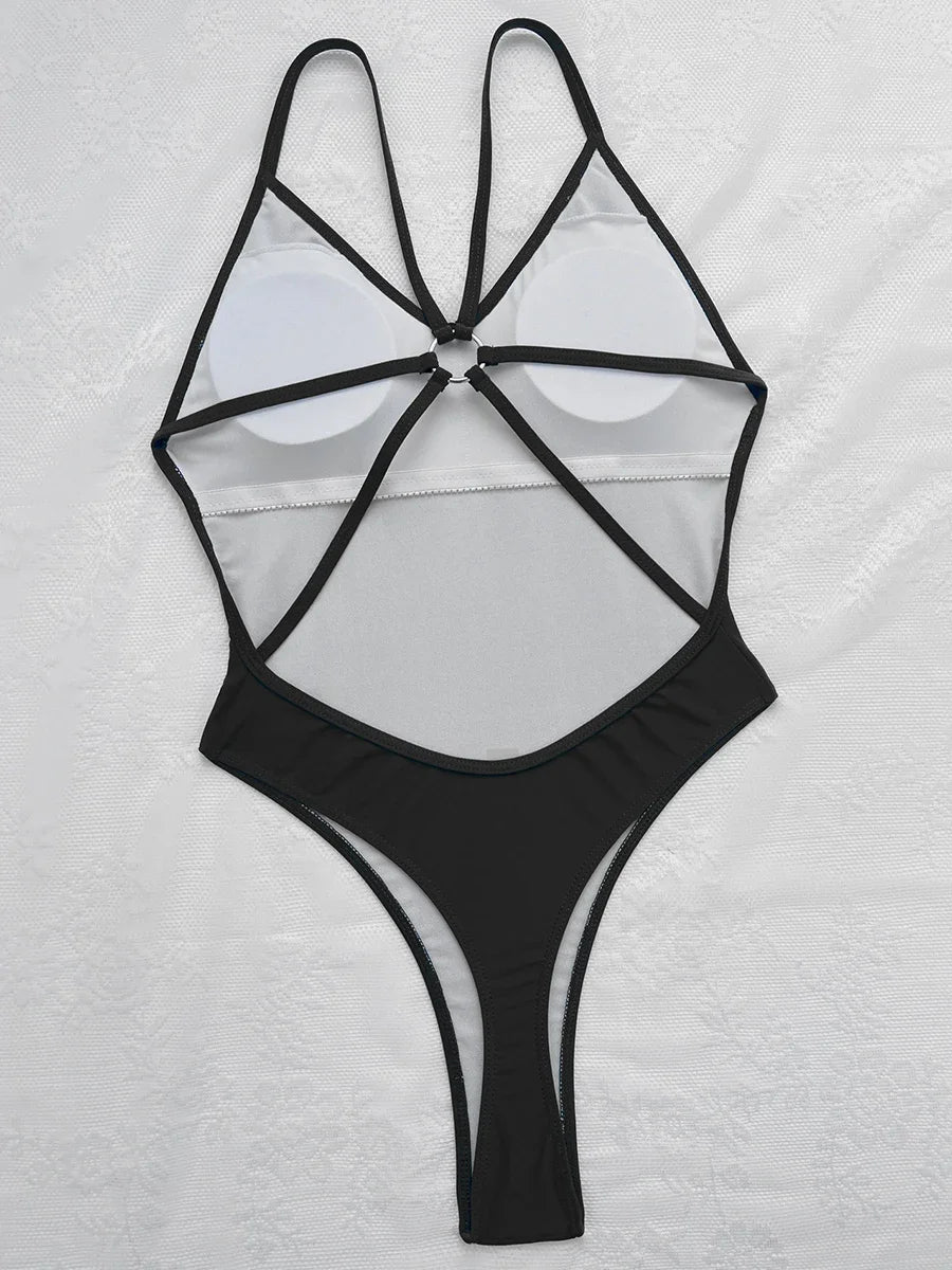 2025 Metal Ring Cross Backless Monokini Thong One Piece Swimsuit Women Swimwear Female High Cut Bathing Suit Swim Beach Wear
