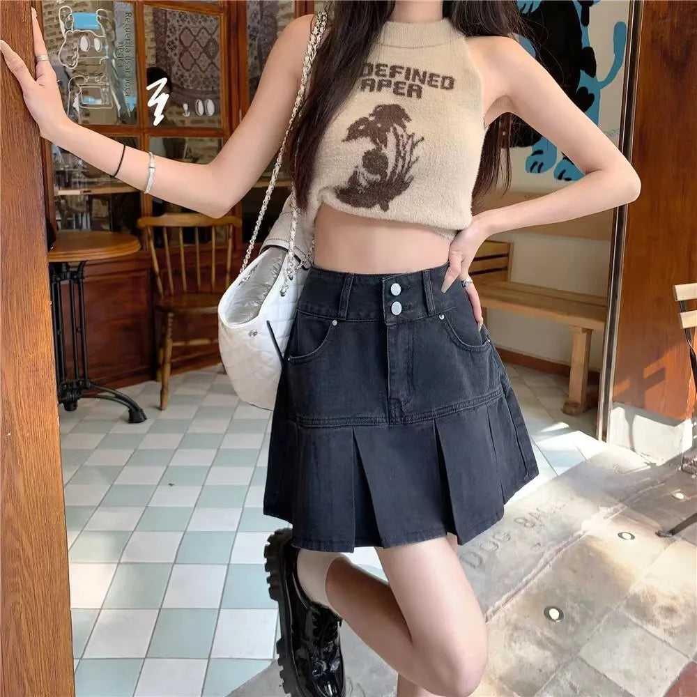 High Waist A-Line Pleated  Skirt Women's Denim ort Skirts Summer Design Slimming Belly Covering Korean Sle Cotton Blend