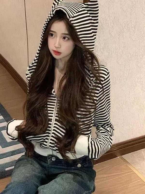 「MD」Demon Stripes Loose Short Coat for Women Spring Autumn Korean Sle Zipper Hoodie Cardigan Design Sense Top