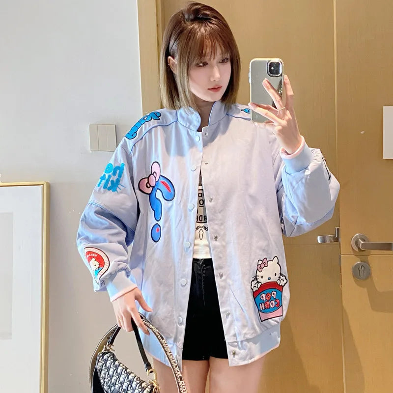 Cartoon Hellokitty Y2k Baseball Jacket Button American Retro Coats Embroidery KT Cat Harajuku Jacket Women Oversized Coat