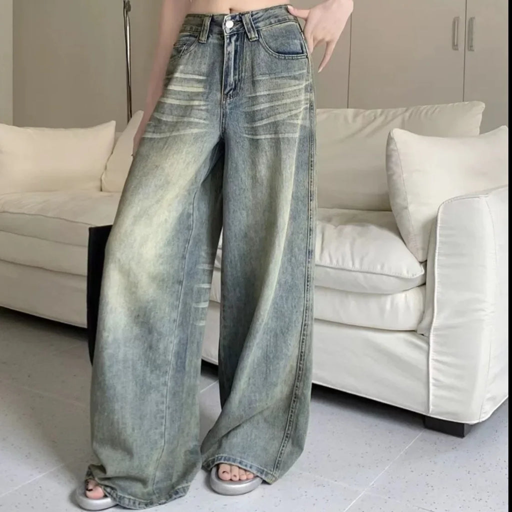 Vintage Wide-Leg Jeans Women's Loose-Fit High-Waisted Slimming Casual Straight-Leg Long Pants Trendy On The Ground