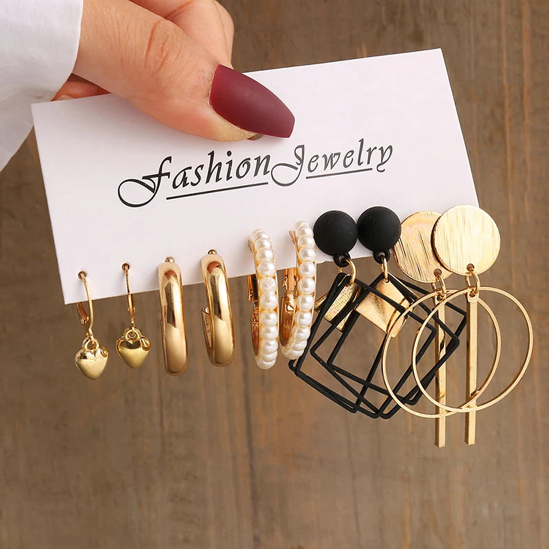 Gold Color Vintage Geometry Pearl Earrings Set Metal Twine Square Dangle Earrings Round for Women Simple Trendy Party Jewelry