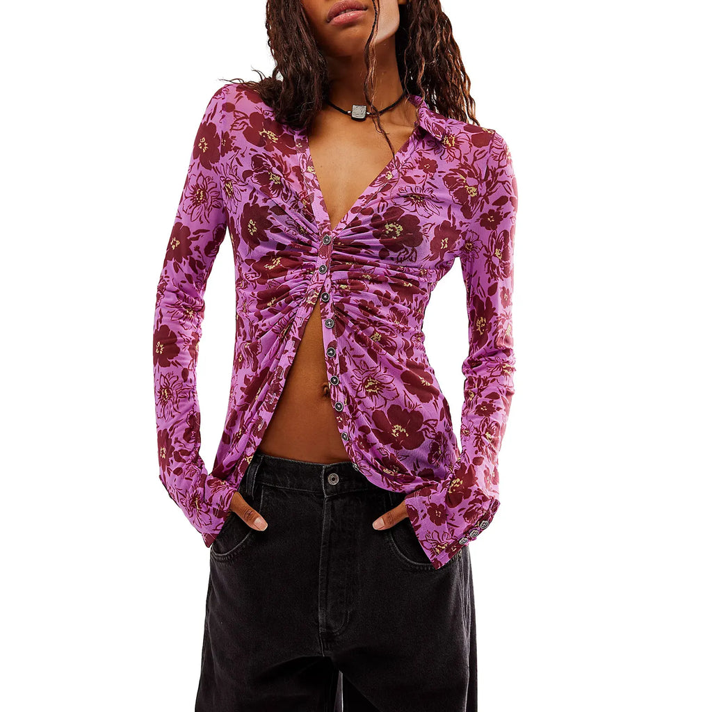 Y2k Women Retro Floral Print Shirts V Neck Long Sleeve Ruched Blouses Button Down Slim Fit Crop Tops Fairy Grunge Streetwear