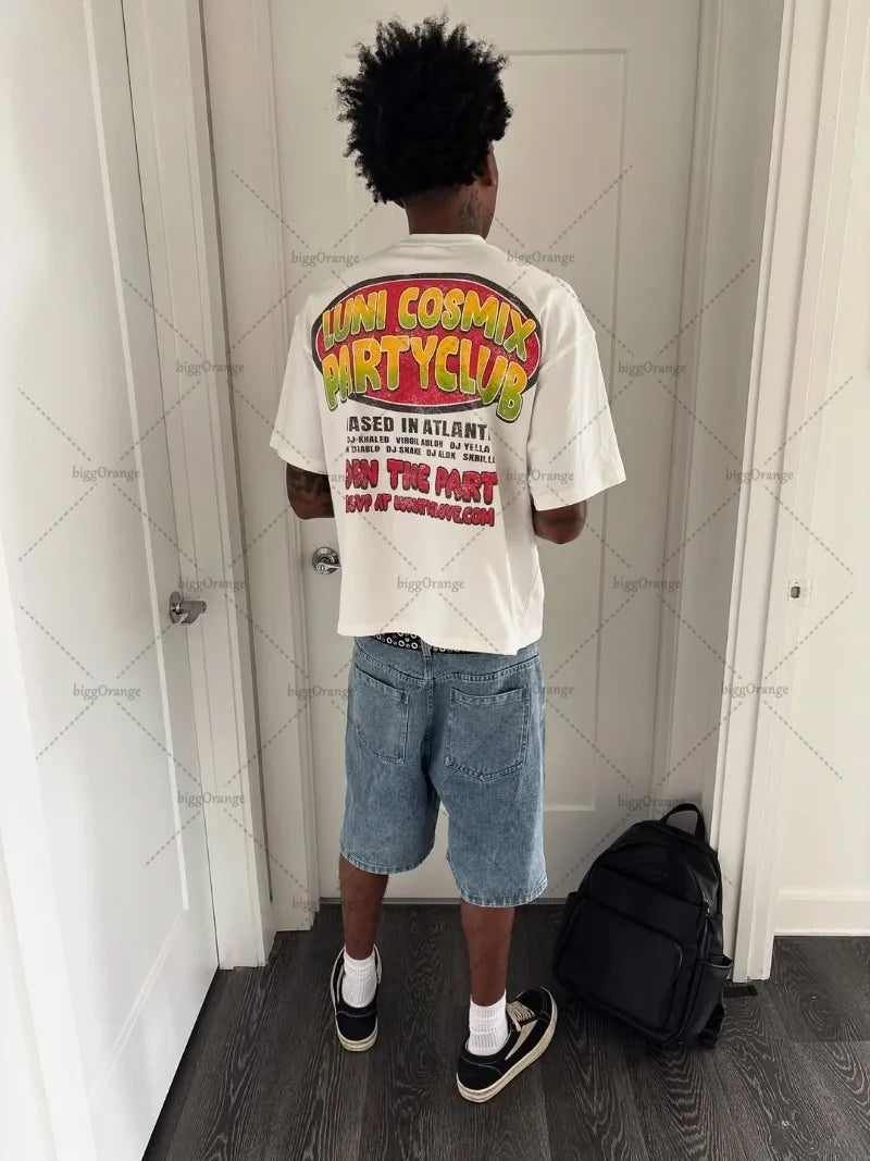 Summer Retro Letters Fashionable Loose Cotton White T-shirt Men American New Street Hip-hop Casual Oversized Short-sleeved Women