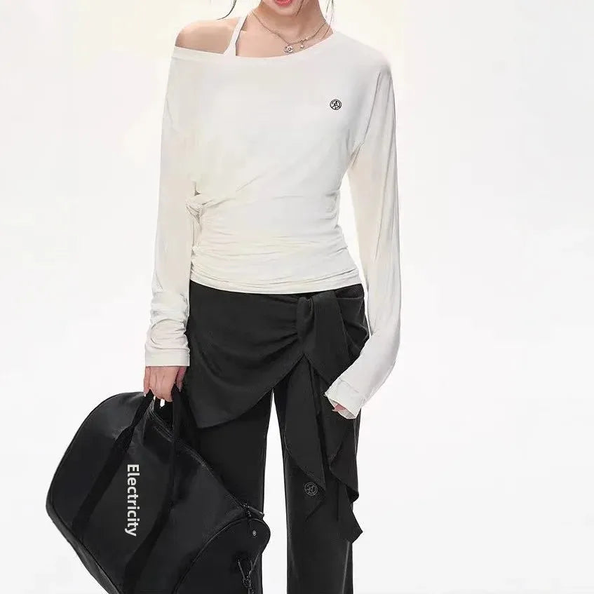 Original Andyet AD1 Long Sleeve T-Shirt One Shoulder Fashion Sunshade Loose Fit Versatile Waist Cinched Casual Polyester Fiber