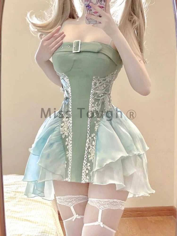 French Sexy Lace Dress Female Fashion Suspenders Prom Short Dress Women Sleeveless 2024 Summer Bare Shoulder Glamour Charming