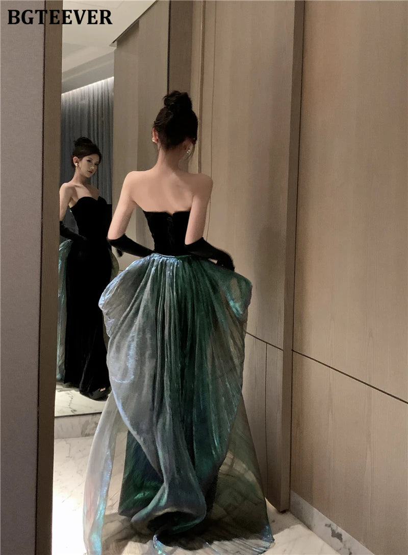 BGTEEVER Fashion Spring Ladies Sleeveless Party Velvet Dress Elegant Slim Waist Women Floor-Length Package Hip Strapless Dress