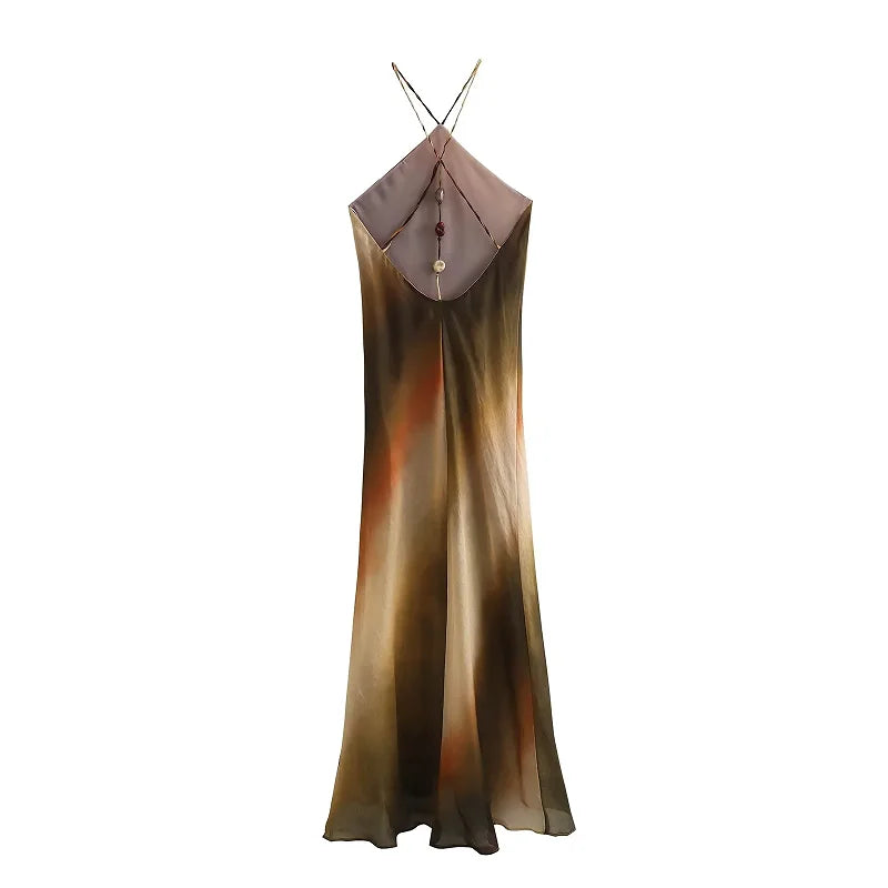 TRAF Women's Long Dresses 2024 Summer Elegant Party Evening Midi Halter Dress Ladies Fashion Sleeveless Backless Long Dresses