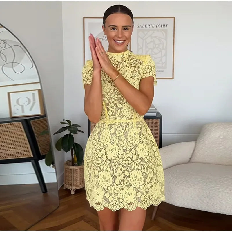 Chic Butter Yellow Lace Print Mini Dress Women's Elegant Short Sleeve O-neck High Waist Gowns 2025 Lady Holidays Street Vestidos
