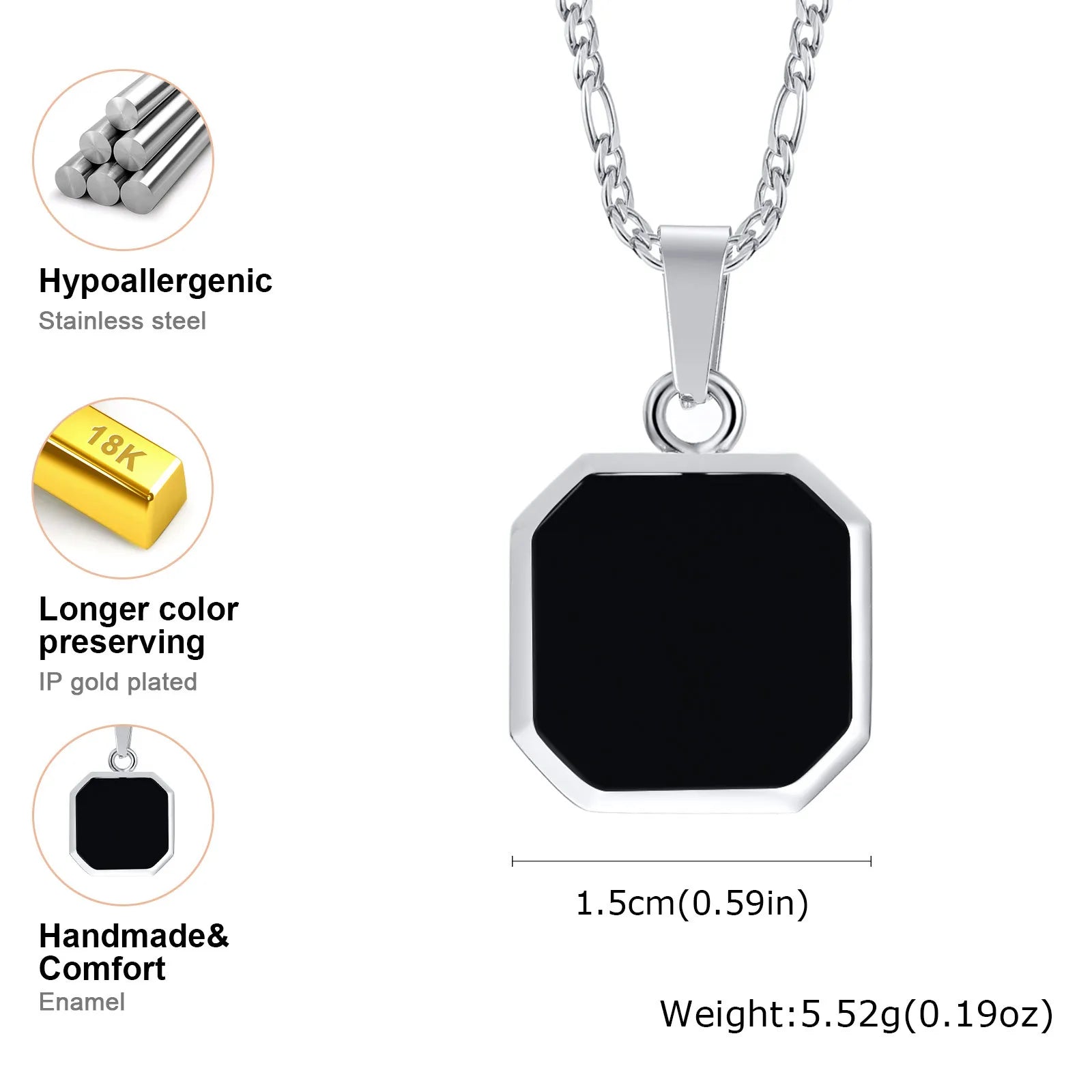Casual Black Enamel Necklaces for Men,Waterproof Stainless Steel Square Pendant Necklace,Simple Fashion Male Collar Jewelry Gift